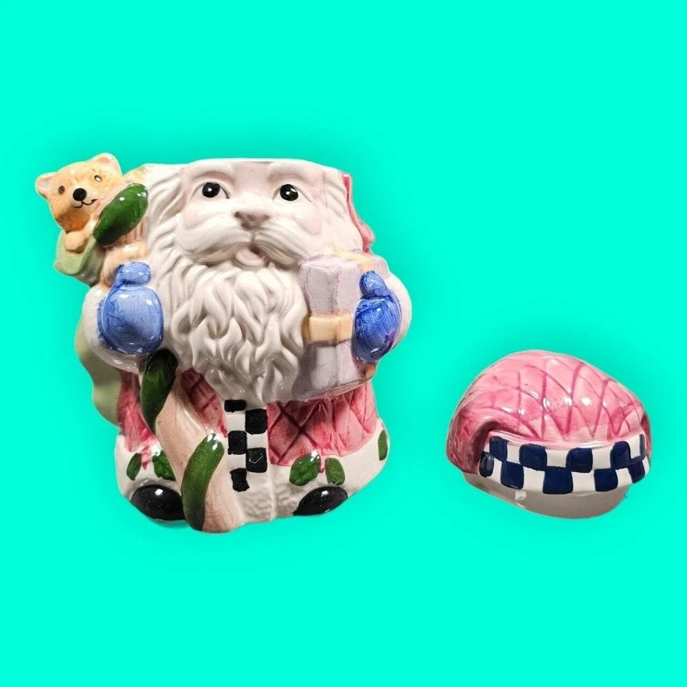 World Bazaars Holiday Collection Santa Claus Ceramic Snack Jar Pink Quilted Box
